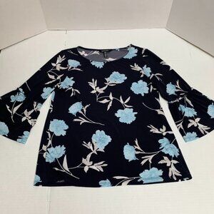 Ellen Tracy Womens M Dark Navy Blue w/Large Blue Floral Print Bell Sleeves Shirt